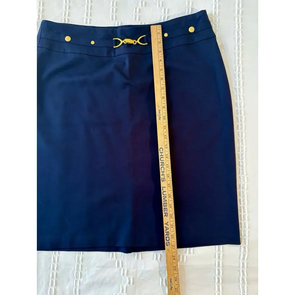 Navy Stretch Pencil Skirt Gold Bit Hardware Equestrian Chic Classic Prep Work XL